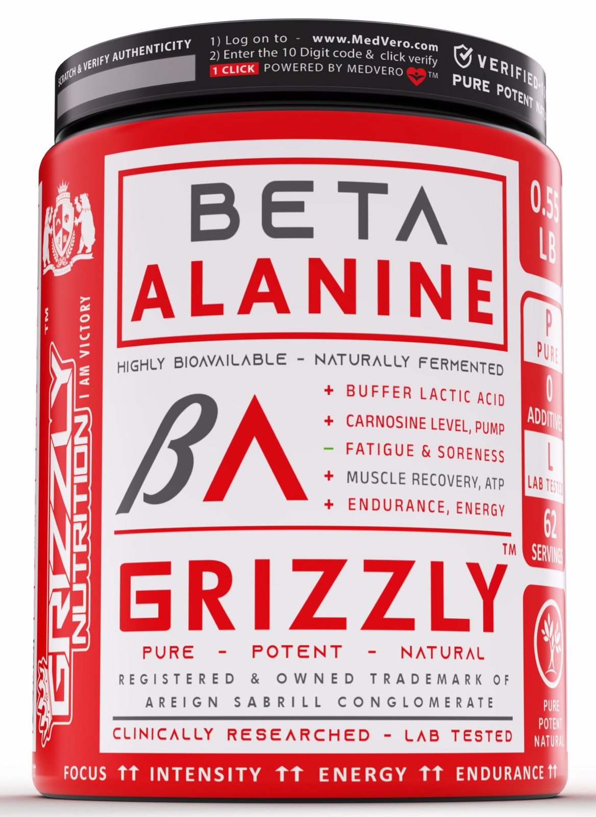 Grizzly Nutrition Pure Beta-Alanine 250g – No Flavor, 60 Servings, Amino Support