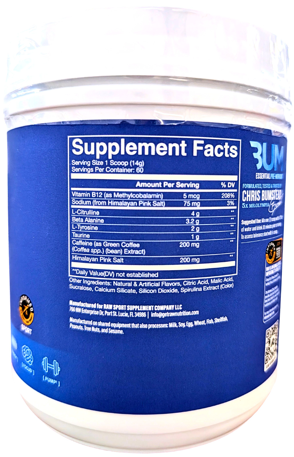 RAW Nutrition CBUM Essential Pre Workout Powder Blue Raspberry 1.78 lbs.EXP 2/27