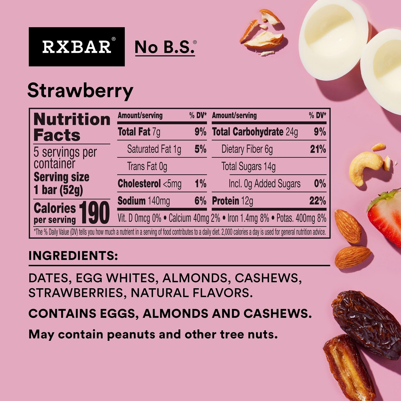 Rxbar Protein Bars 12G Protein Gluten Snacks Strawberry 6 Boxes 30 Bars
