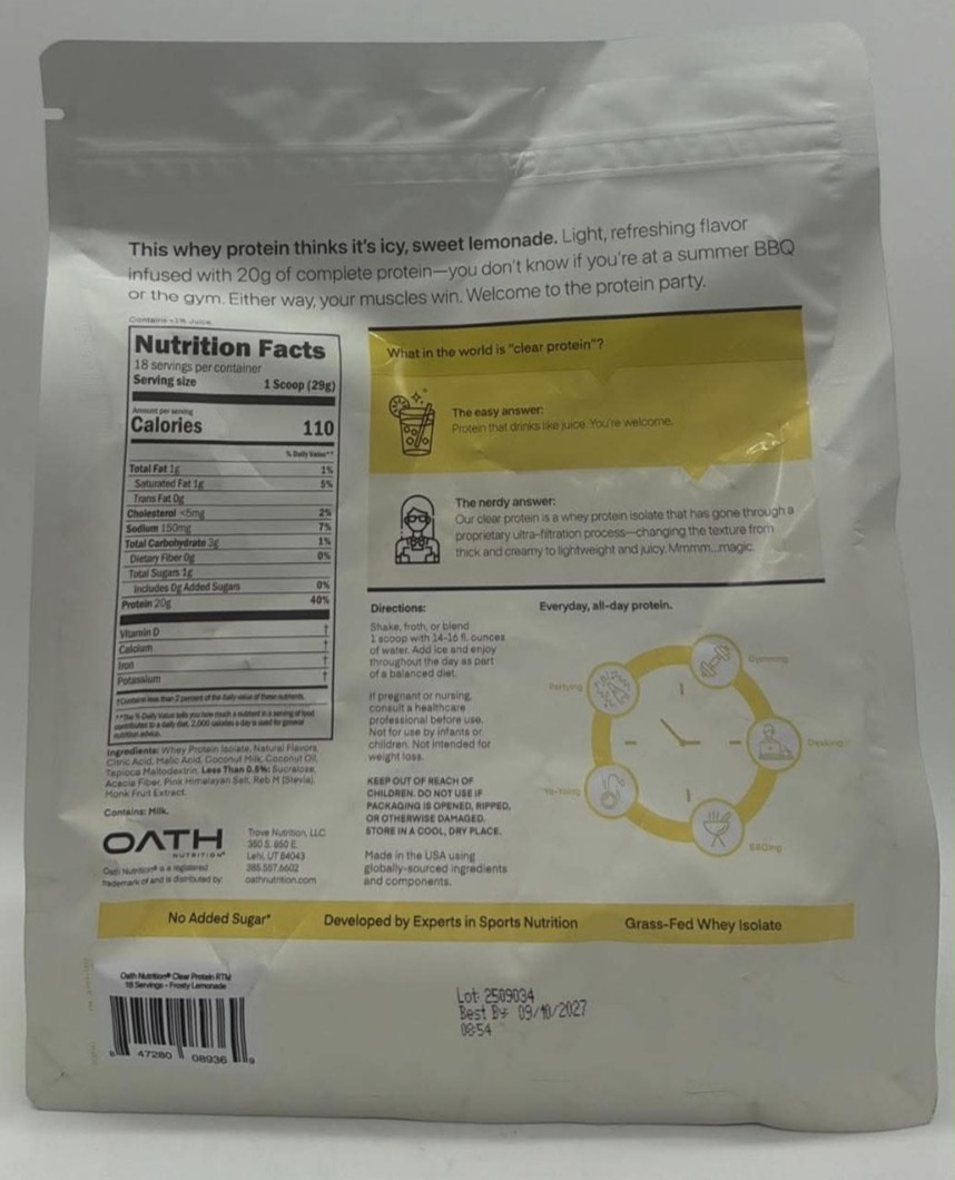 Oath Nutrition Clear Protein ~ Frosty Lemonade FLVR ~ 18 Servings ~ EXP 9/27