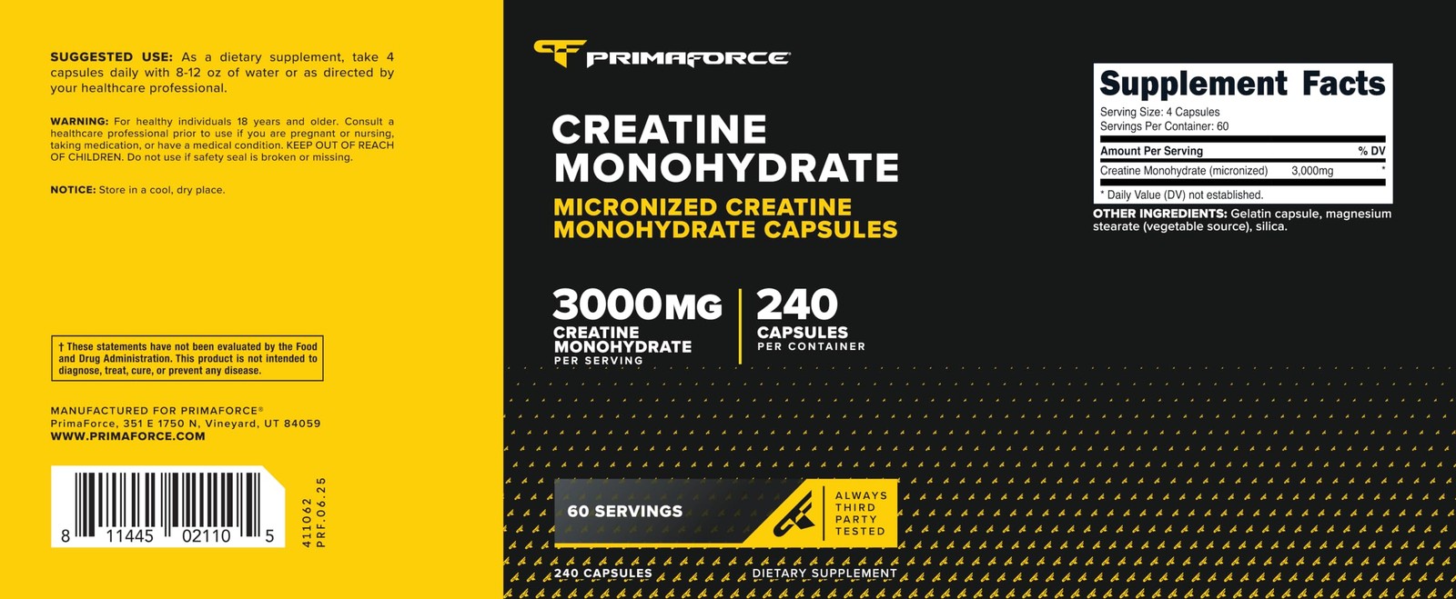 Primaforce Creatine Monohydrate Capsules (3,000mg) 240 240 Count (Pack of 1)