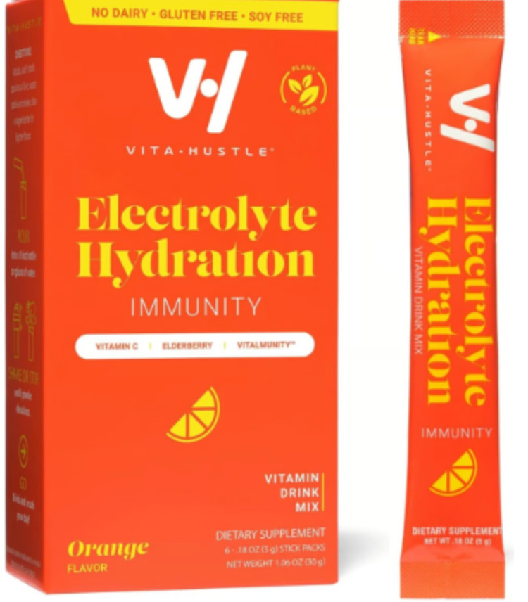 VitaHustle Electrolyte Hydration Immunity Drink Mix, Caffeine Free Stick Packs