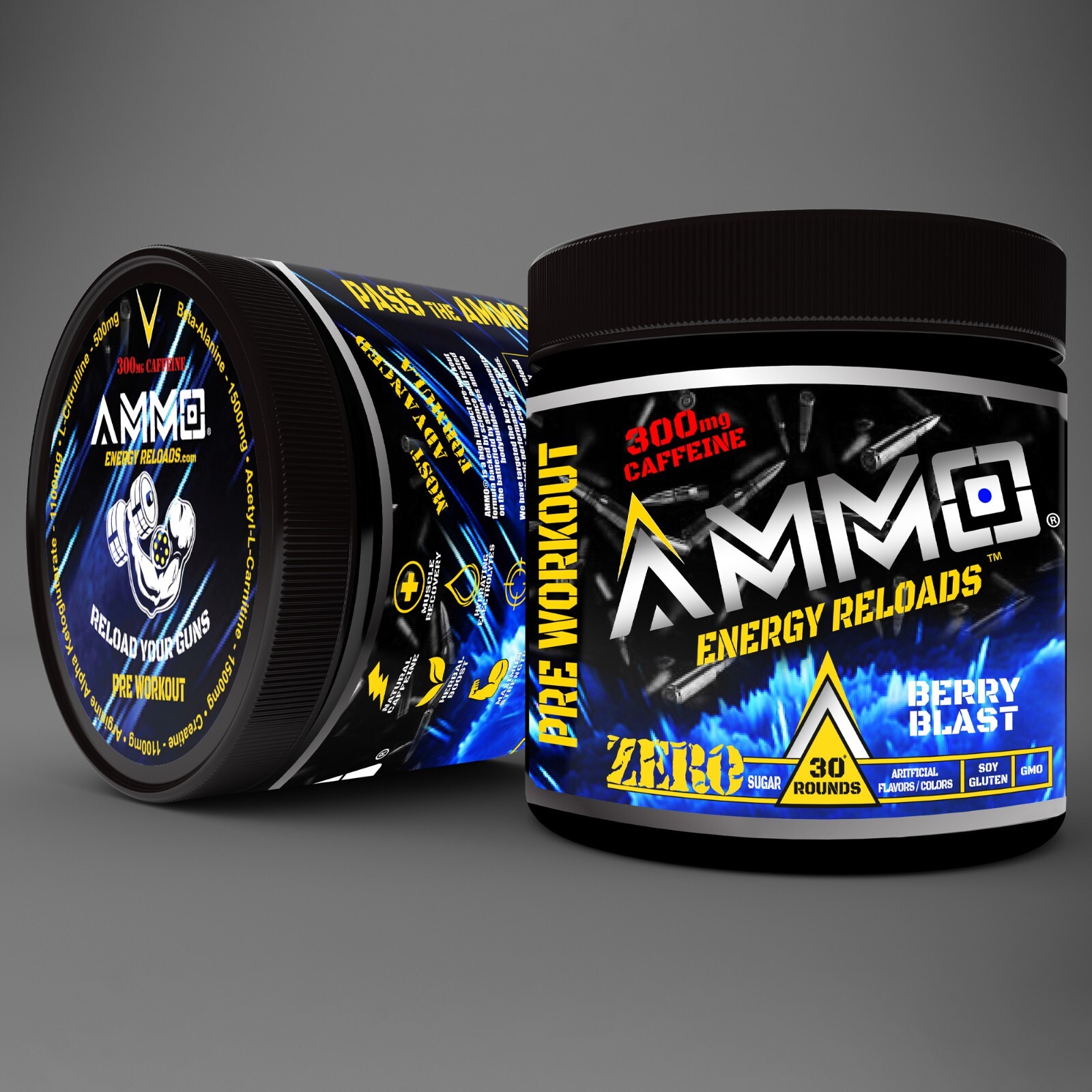 AMMO® Energy Reloads Pre Workout Powder Berry 300mg Caffeine Zero Sugar 30serv