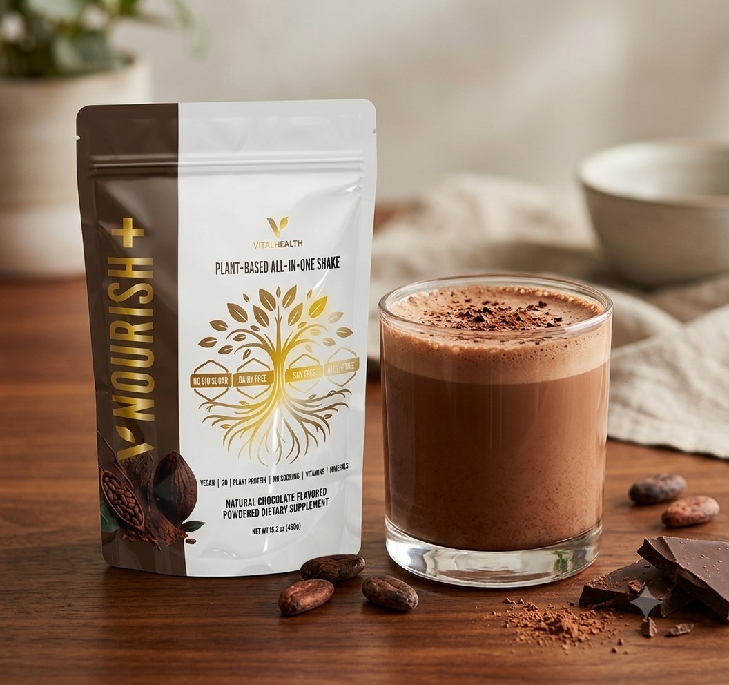 Vital Health NOURISH+ Plant-Based Protein Shake Powder Natural Chocolate 15.8 oz
