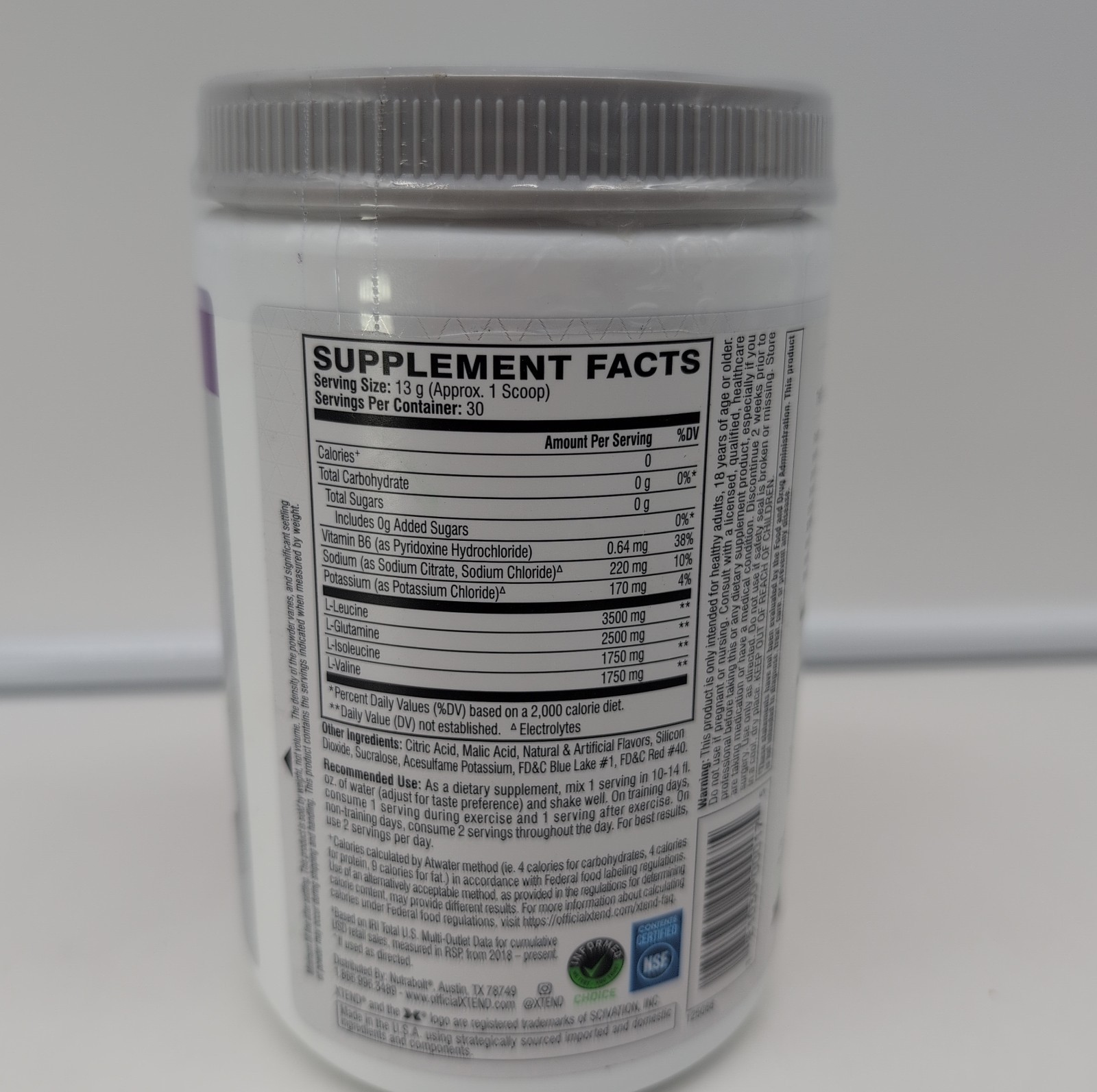 Xtend Original BCAA Powder Glacial Grape, 30 Servings Best By 6/2027