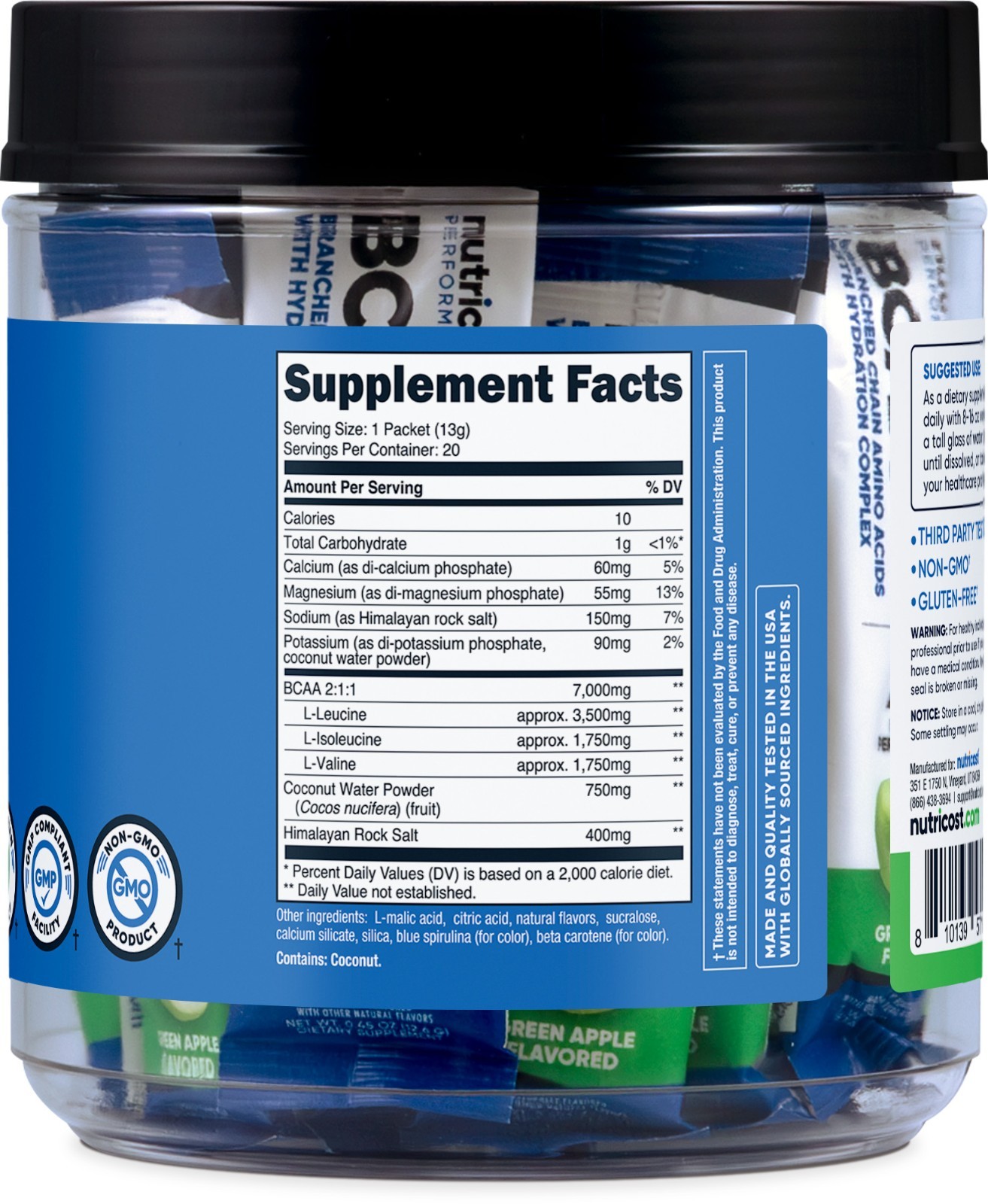 Nutricost BCAA+ Hydration Green Apple Flavored (20 Stickpacks) – Gluten-Free