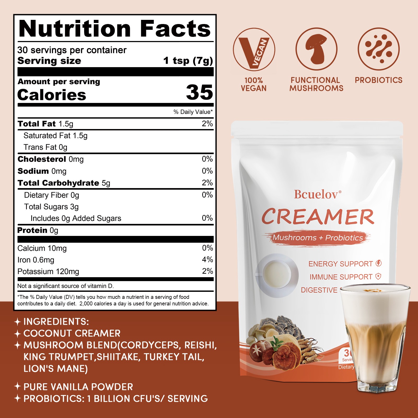 Coconut Creamer Vanilla Powder Probiotics 210 G Per Pack, Dietary Supplement