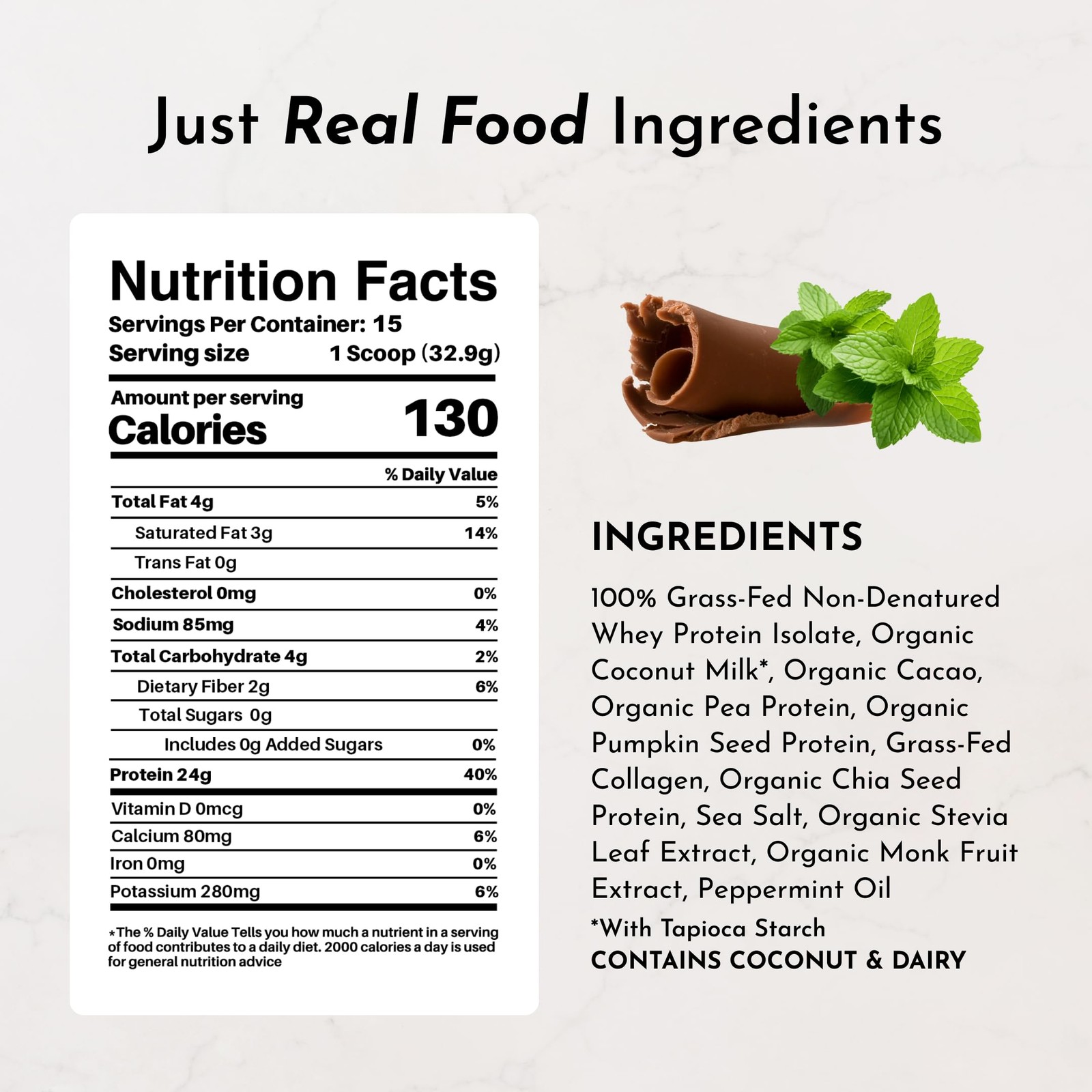 Mint Chocolate Protein Powder | 15 Servings | 24g GrassFed New Zealand Whey +…
