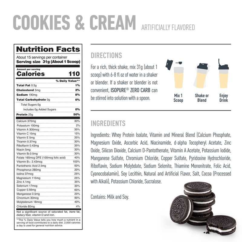Zero Carb 100% Pure Whey Isolate Protein Powder – Cookies & Cream – 25g Protein