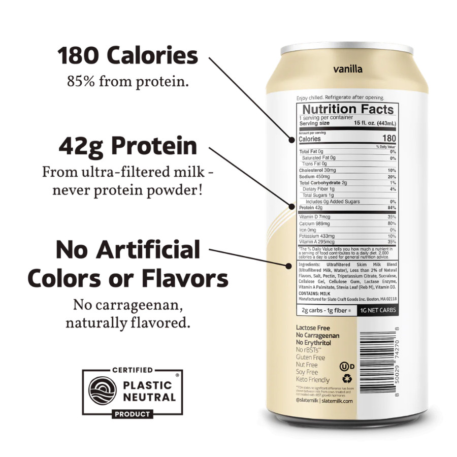 Slate 42G Ultra Protein Shakes – Breakfast Boost, Vanilla (15 fl oz), 12 Cans