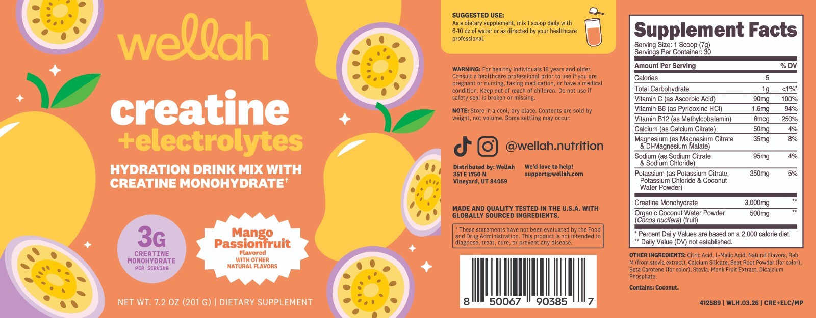 Wellah Creatine + Hydration Powder (Mango Passionfruit) 30 Servings – Drink Mix