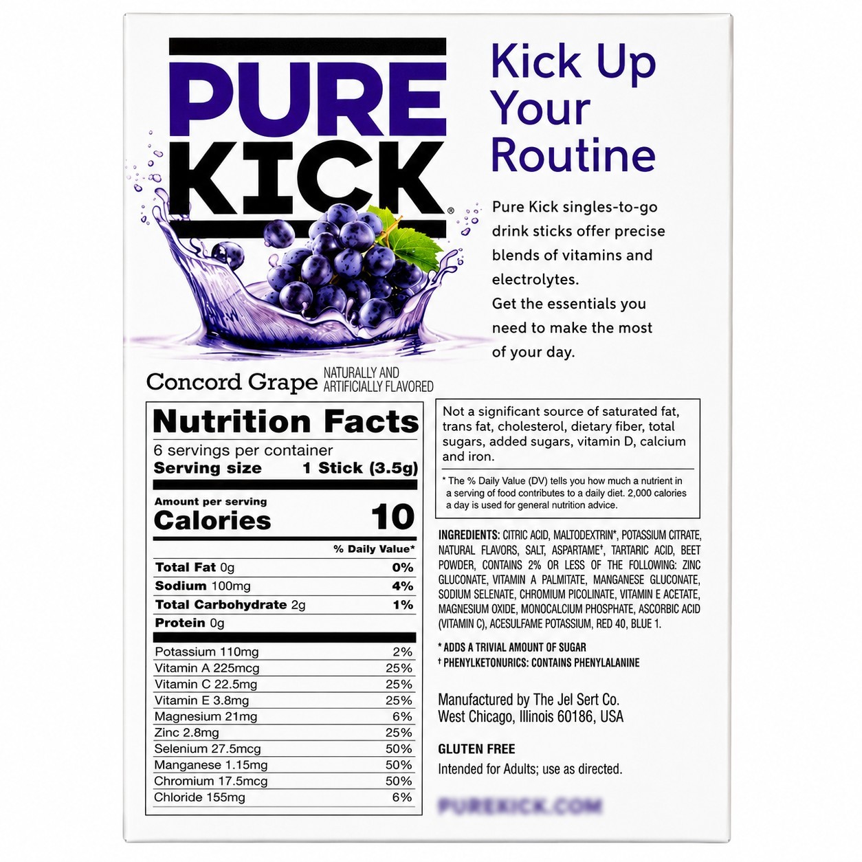 PURE KICK Concord Grape Zero Sugar Electrolyte Drink Mix Water Enhancer 36