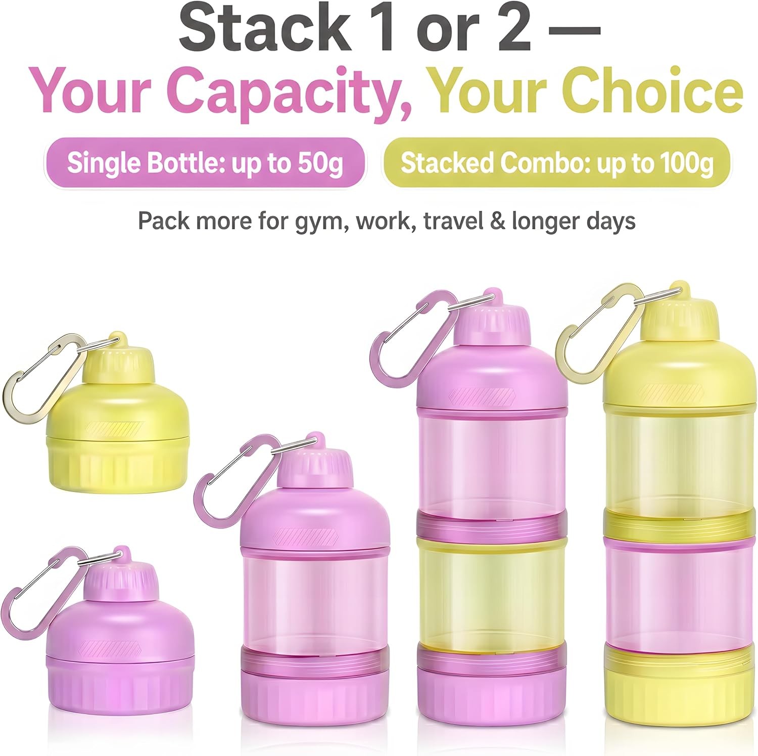 2 Pack Protein Powder Container to Go with Keychain & Keyring, Large Capacity,