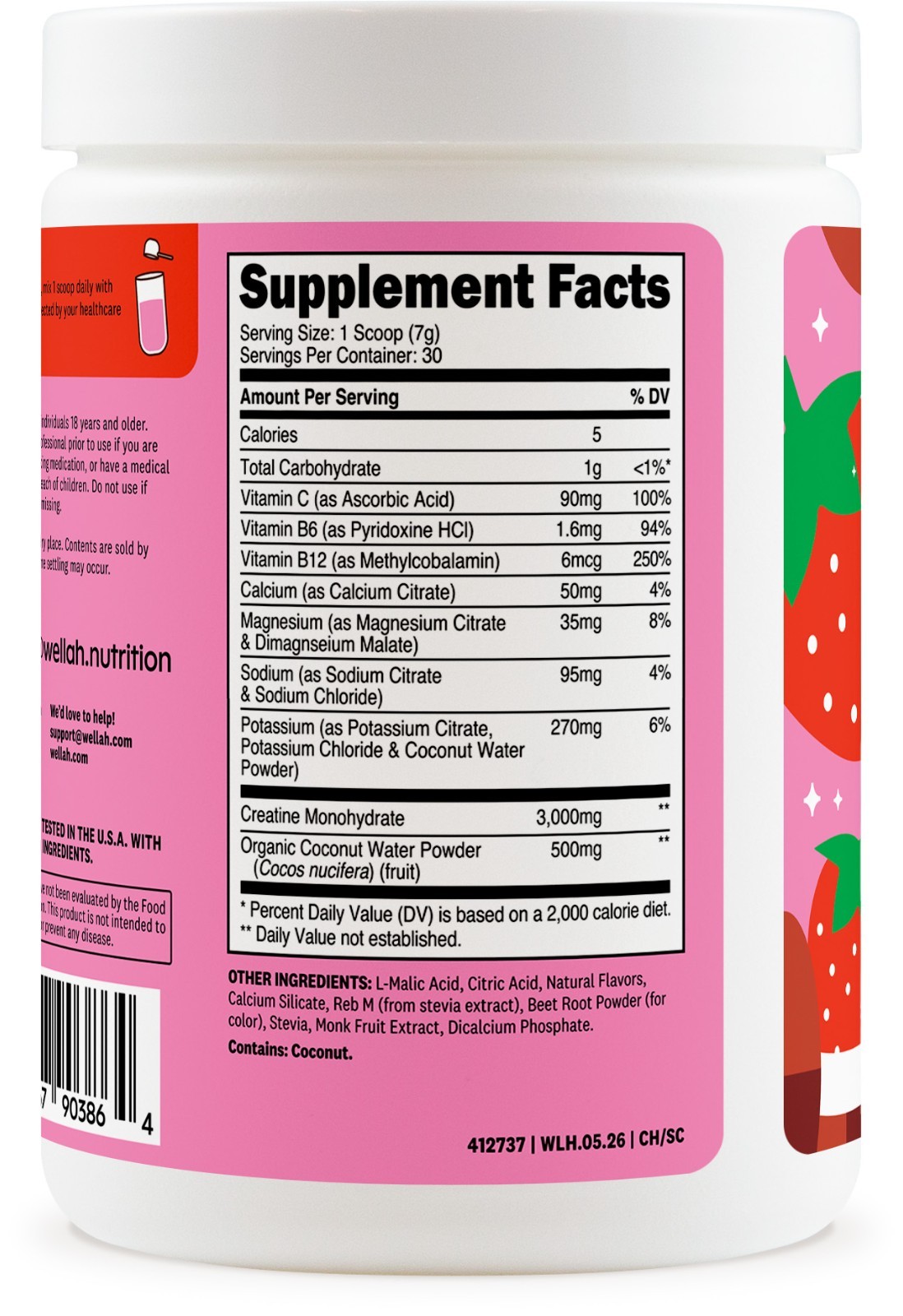 Wellah Creatine + Hydration Powder (Strawberry Coconut) 30 Servings – Drink Mix