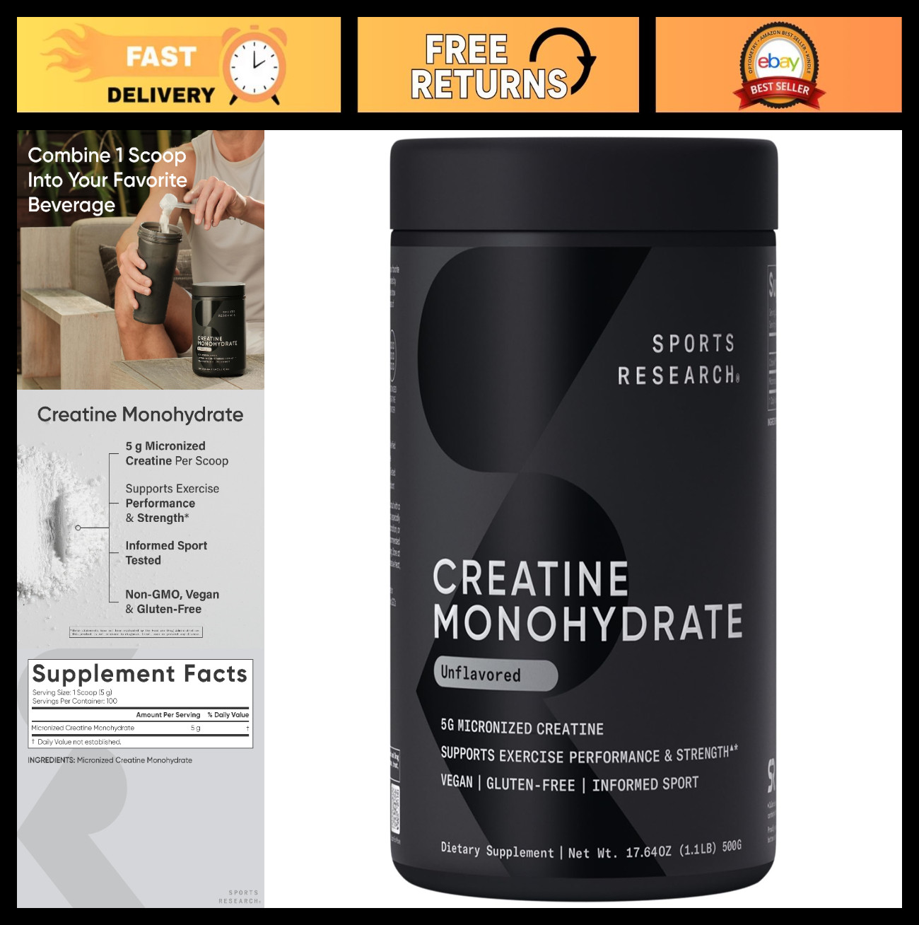 Creatine Monohydrate Powder 5g – Unflavored, 100 Servings | Micronized for Lean