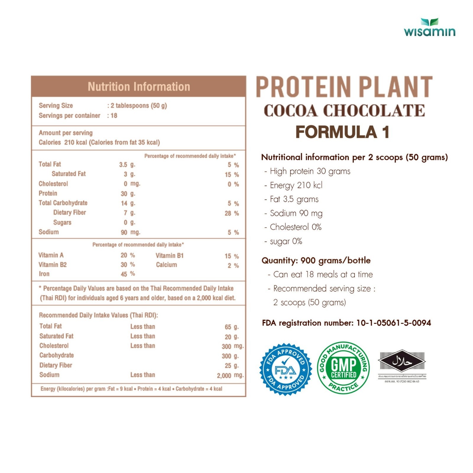 WISAMIN Plant Protein Cocoa Flavor 900g | 30g Protein, Organic, Vegan, No Sugar
