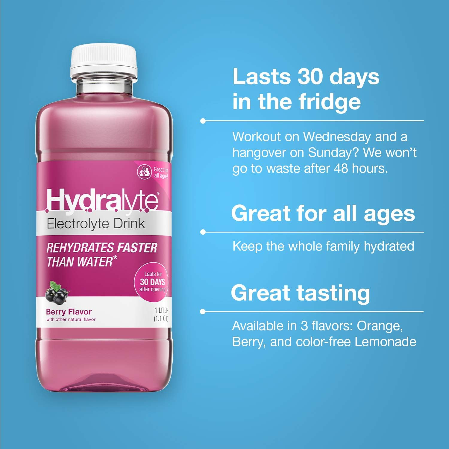 Electrolyte Oral Hydration Ready-To-Drink Solution, Berry, 33.8 Ounce Bottle