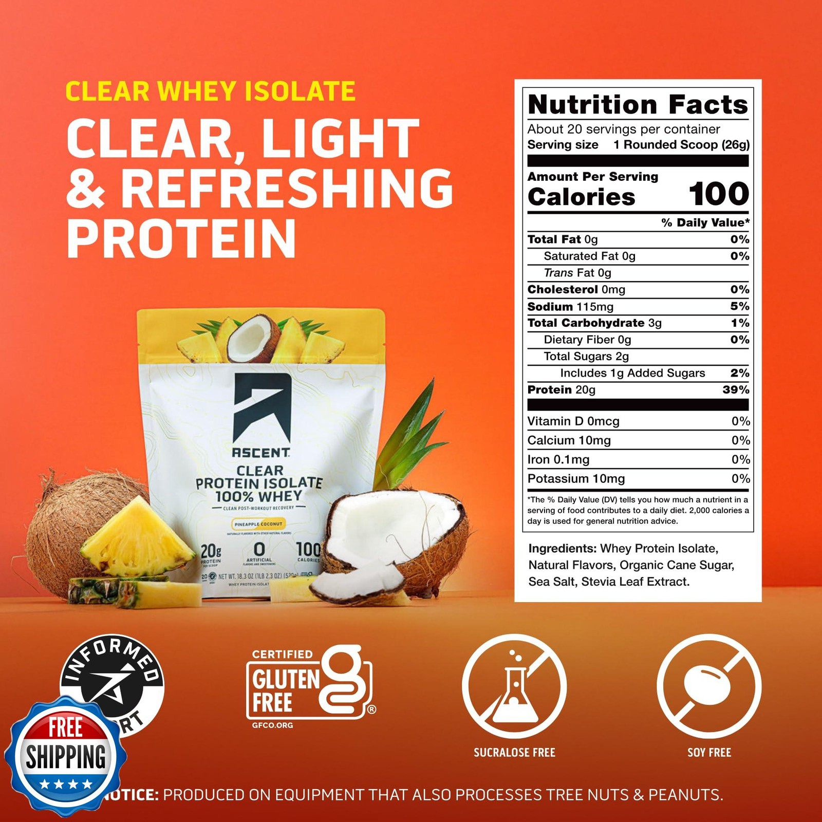 Ascent 100% Clear Whey Protein Powder – Post Workout Whey Protein Isolate, Ze