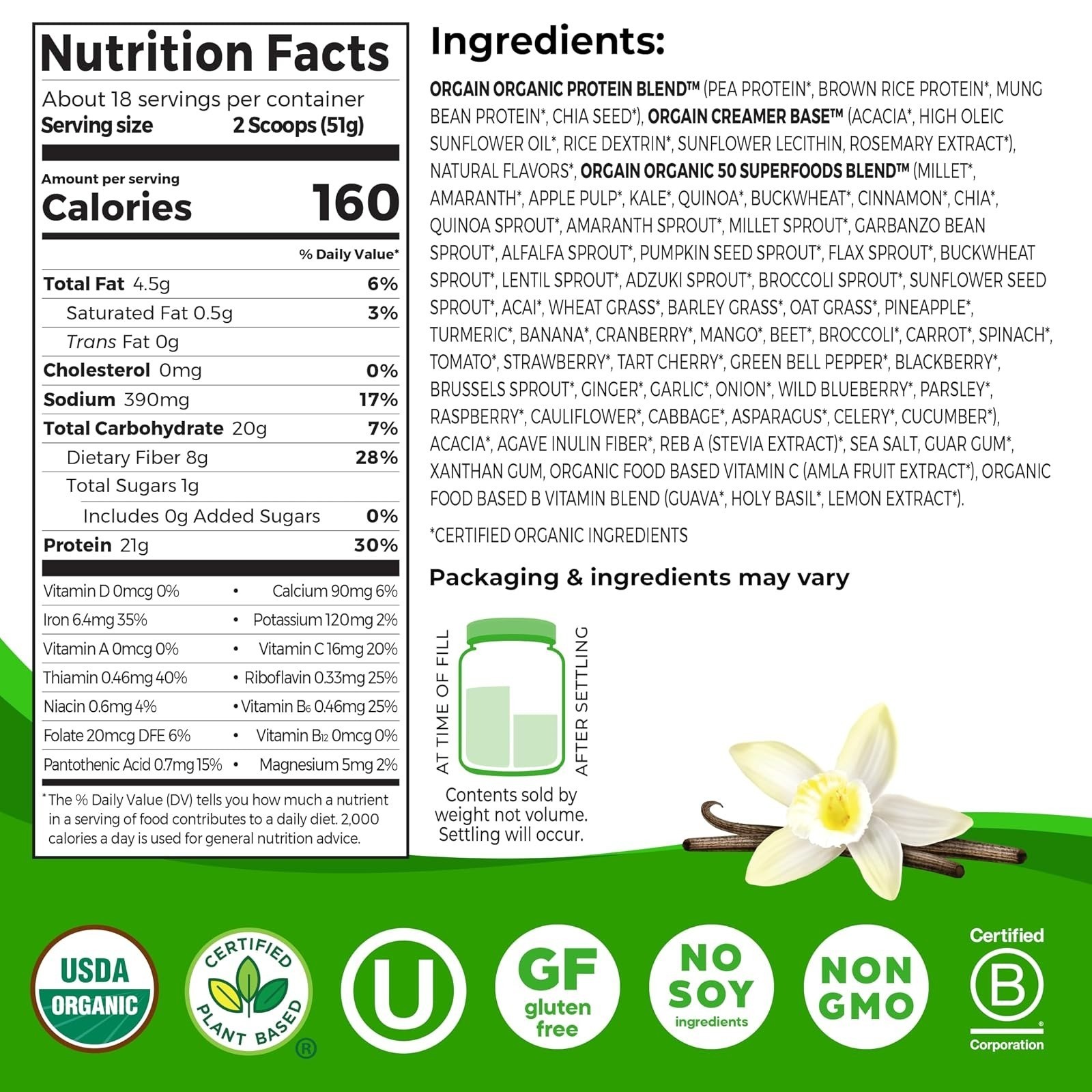 Orgain Organic Vegan Protein Powder 21g Protein Vanilla 50 Superfoods 2.02 lb