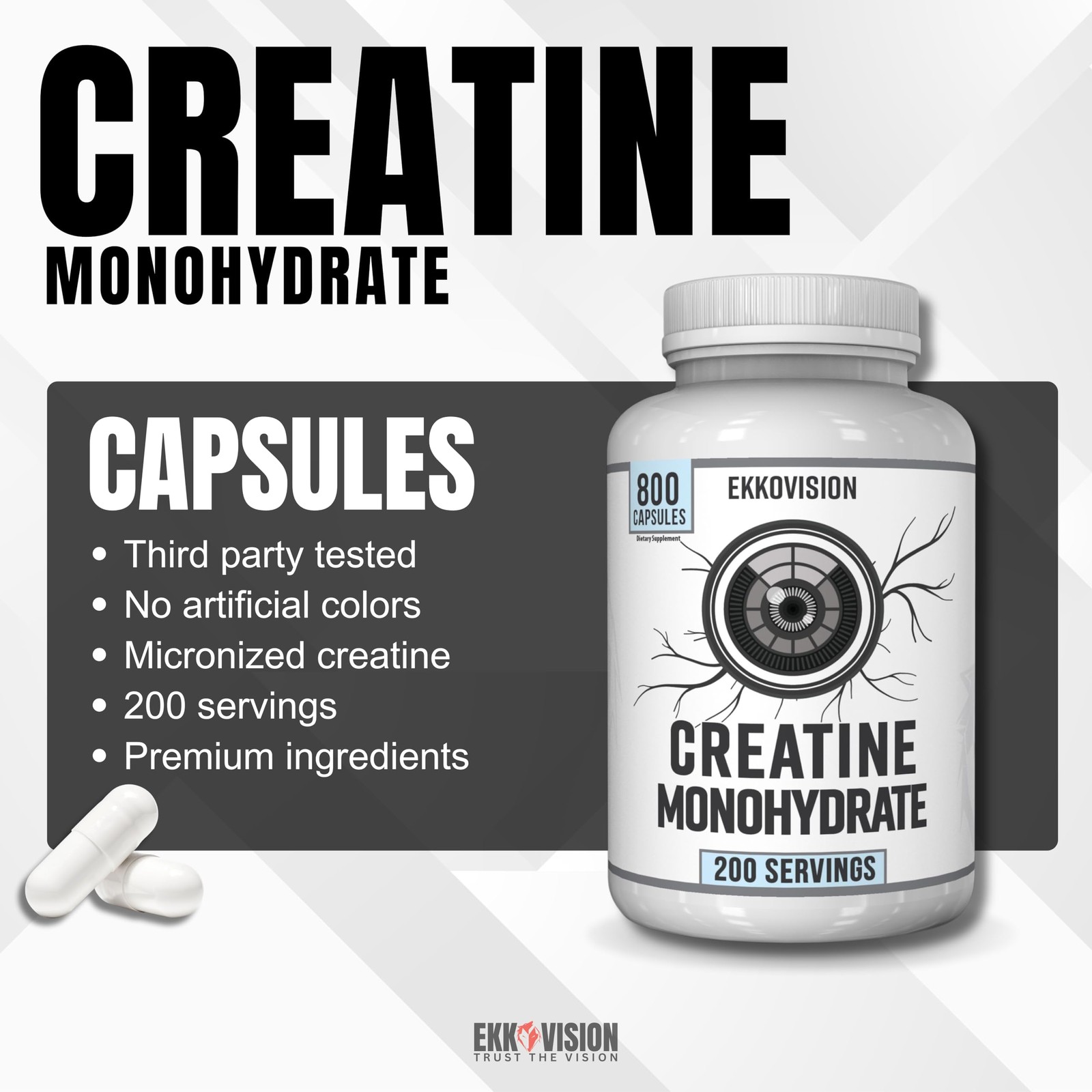 Ekkovision Creatine Monohydrate Capsules, Micronized, Unflavored Creatine Sup…
