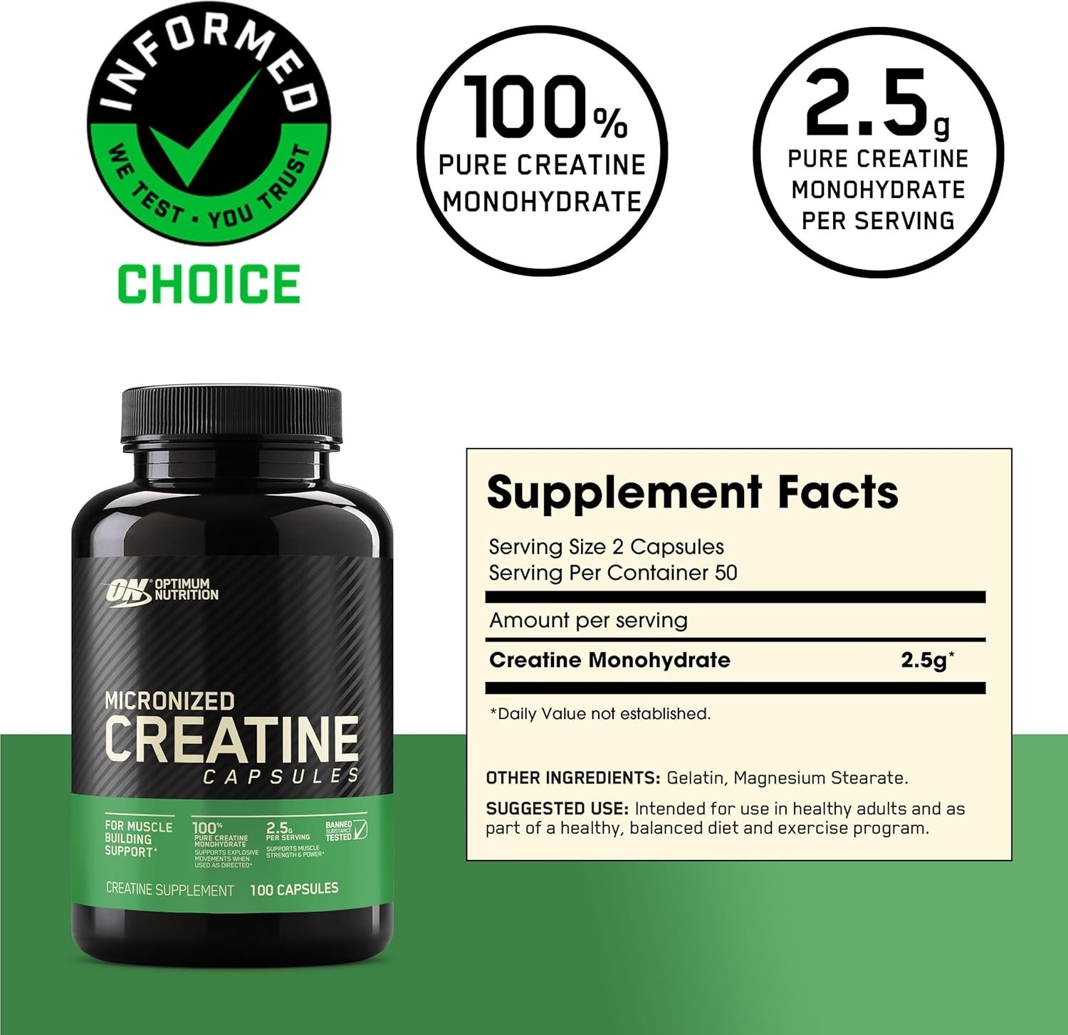 Pure Creatine Monohydrate Capsules by Optimum Nutrition – 100 Easy Swallow Pills