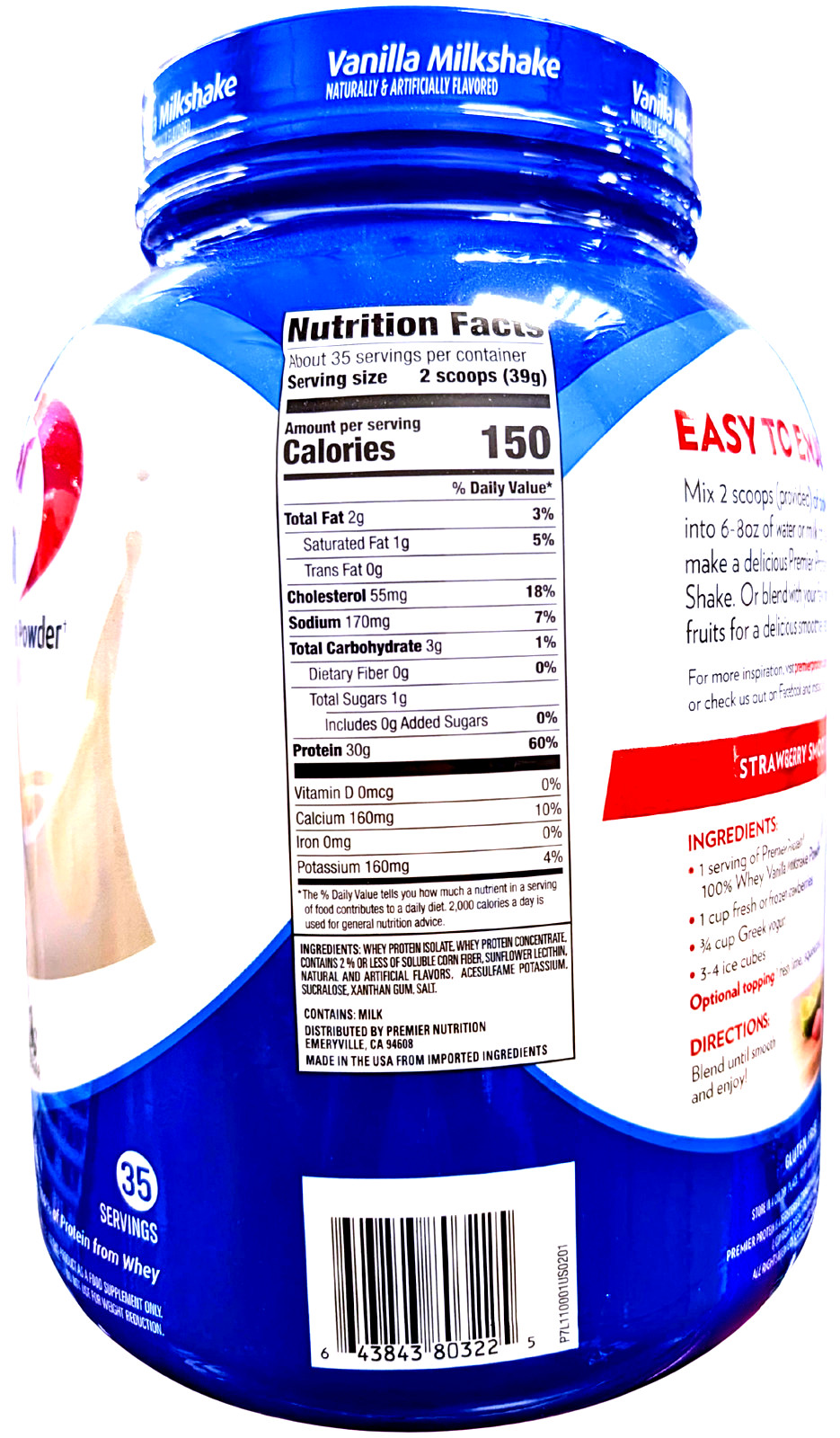 Premier Protein 30g High Protein Powder Vanilla Milkshake 3 lbs. EXP 12/2027