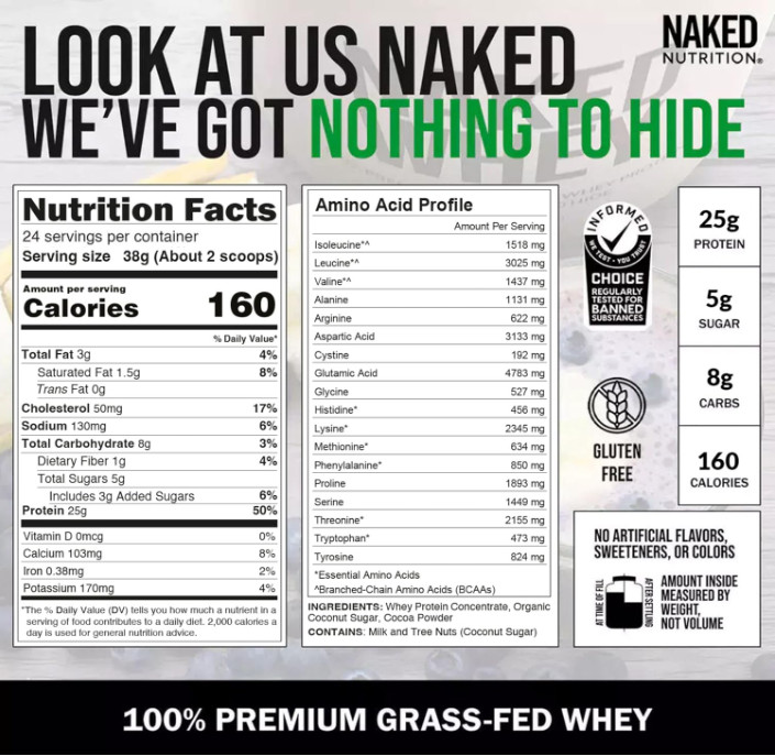 NAKED Whey Chocolate Protein Powder, Grass Fed, 24 Servings