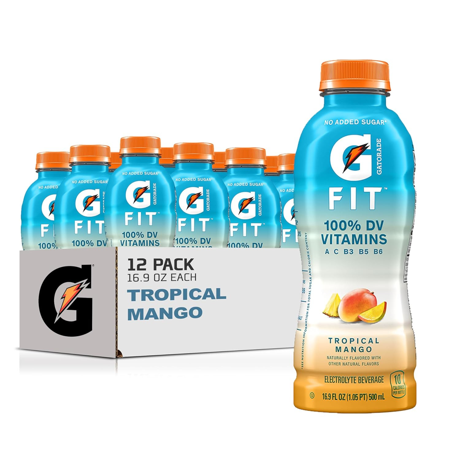 Gatorade Fit Electrolyte Beverage, Tropical Mango, 12 Pack of 16.9oz Bottles