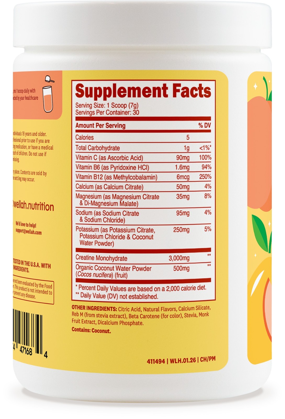 Wellah Creatine + Electrolytes Powder (Peach Mango) 30 Servings