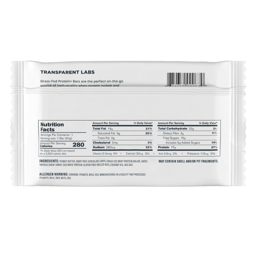 Transparent Labs Protein+ Bars Peanut Butter Chocolate Chip, 12 Bars