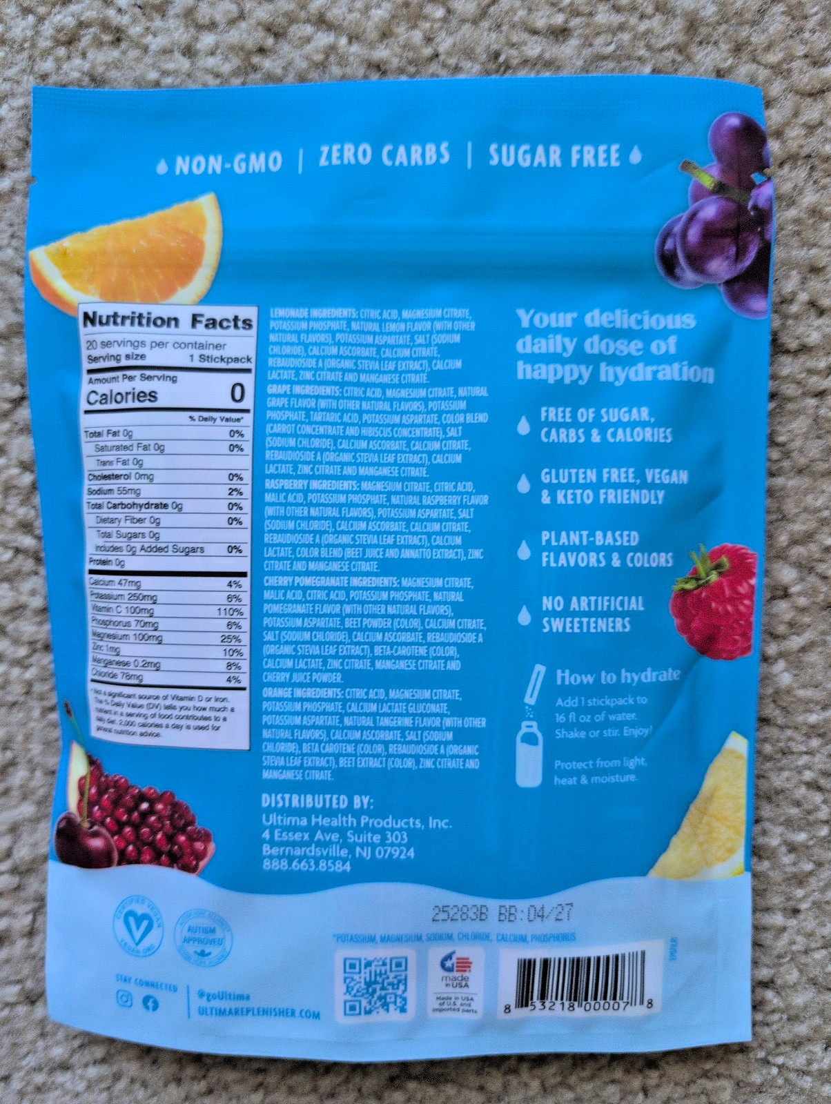 Original Variety Pack 20 Stickpacks of Ultima Replenisher Electrolyte Drink Mix