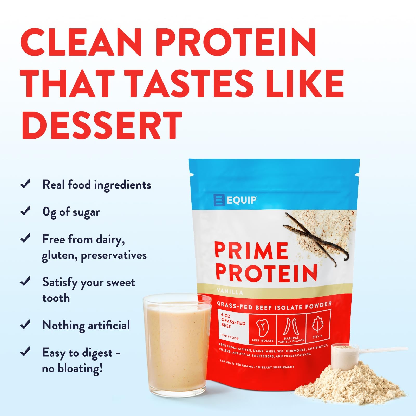 Low Sugar Prime Vanilla Protein Powder 30 Servings Grass Fed Beef Isolate