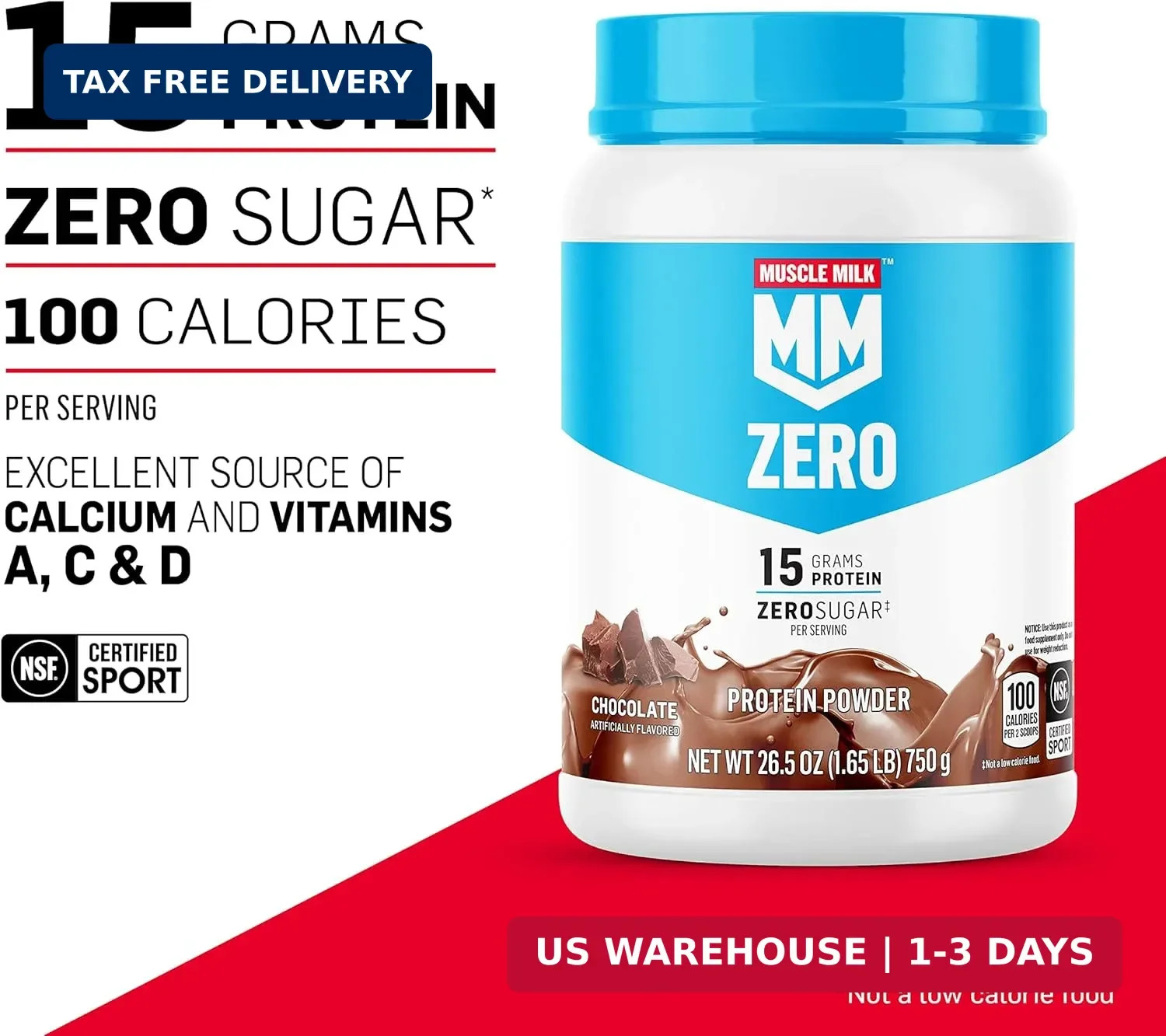 Muscle Milk ZERO, 100 Calorie Protein Powder, Vanilla, 15g Protein, 1.65 Pound,