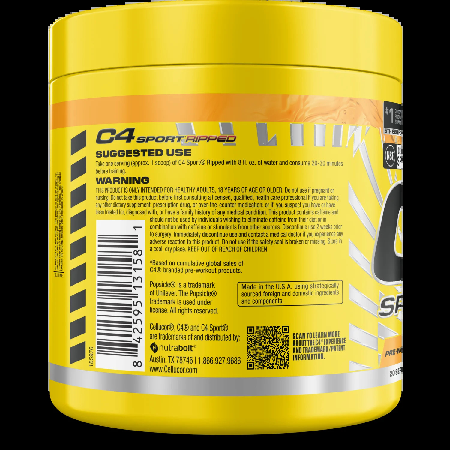 C4 Sport Ripped Pre-Workout Powder, Popsicle® Hawaiian Pineapple, 20 Servings