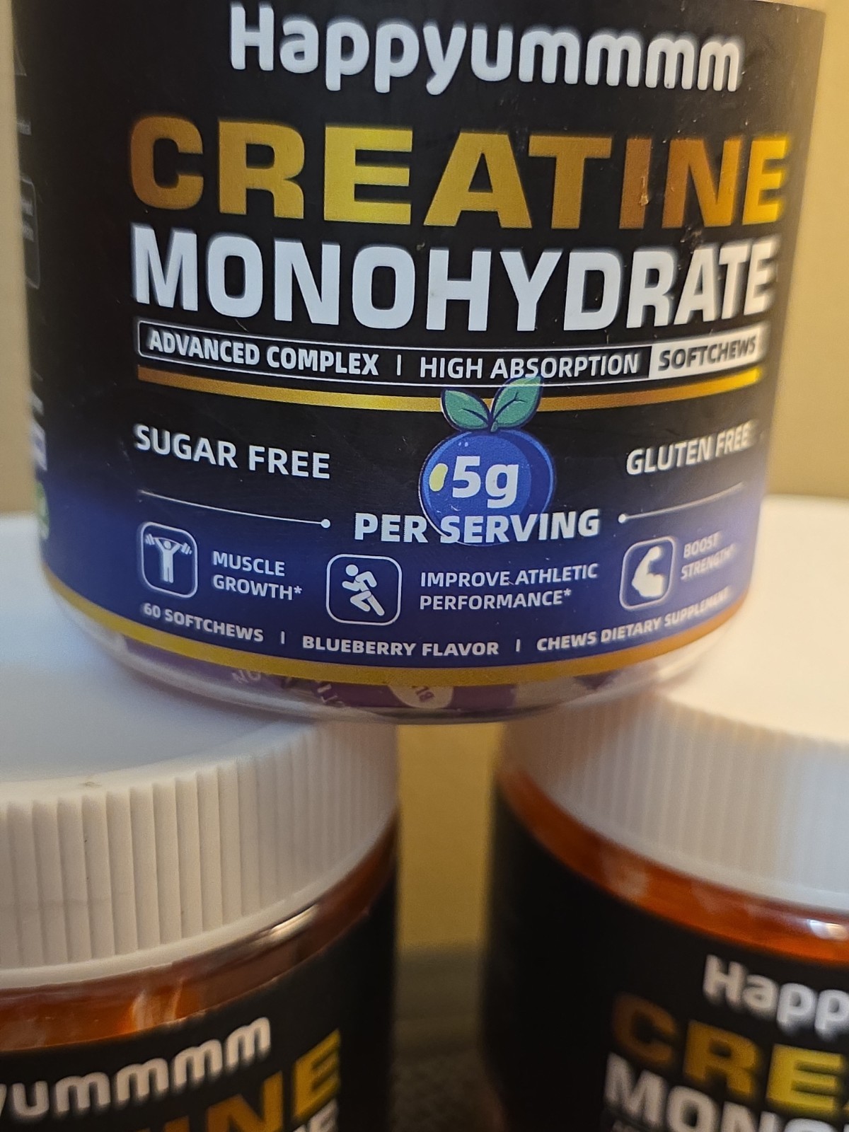 Happyummmm Creatine Monohydrate, Sf, 3 Pack Soft Chews, 2 Orange, 1 Blueberry