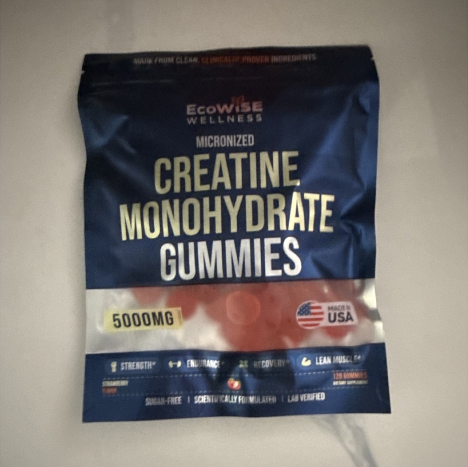 EcoWise Wellness Creatine Monohydrate Gummies 5000mg 120ct Strawberry Vegan USA