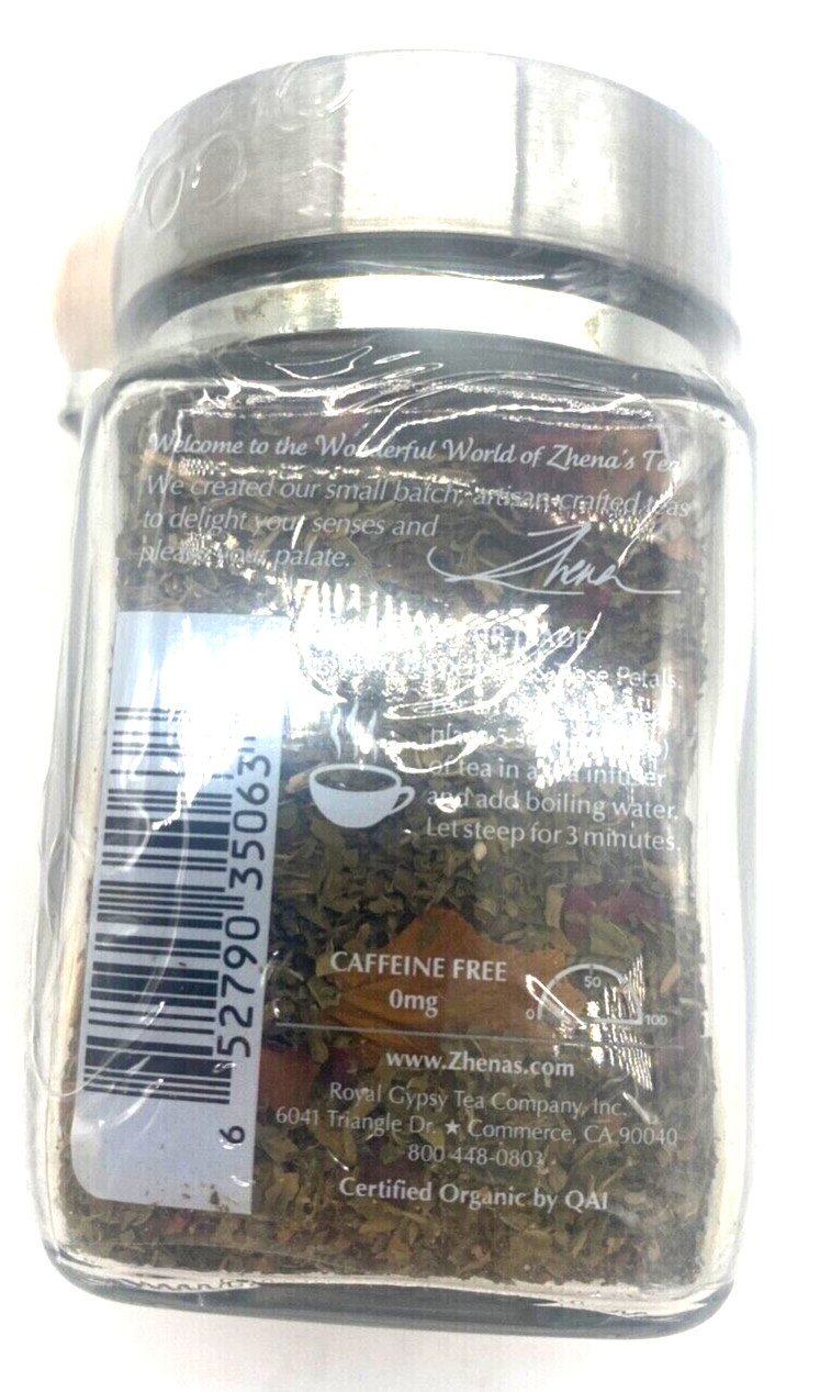 New Zhena’s Gypsy Tea Mint Rose Gourmet Loose Leaf Tea, Glass Jar w/Wood Spoon