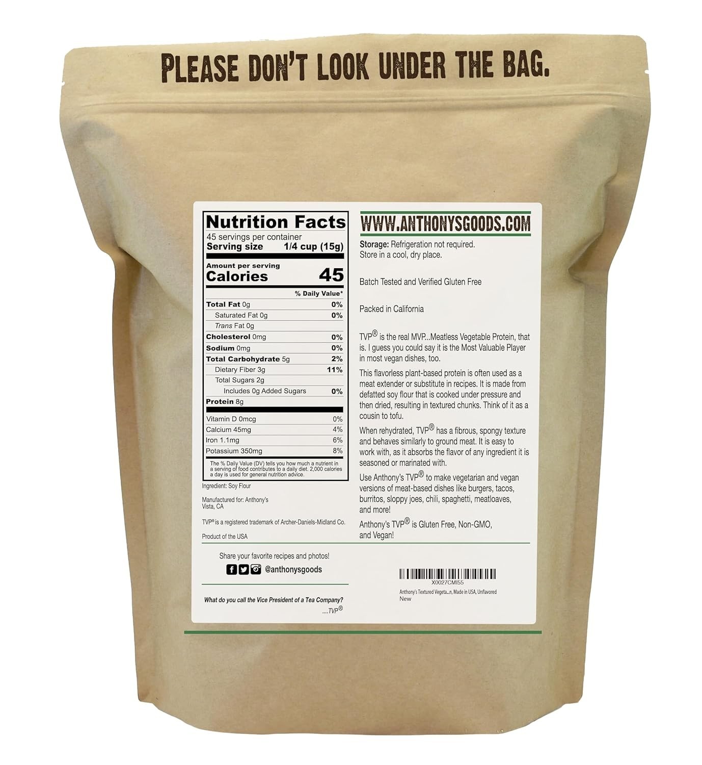 Textured Vegetable Protein, TVP, 1.5 lb, Gluten Free, Vegan, Unflavored, Made in