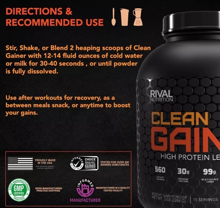 Rivalus Clean Gainer – Chocolate Fudge, 5lbs