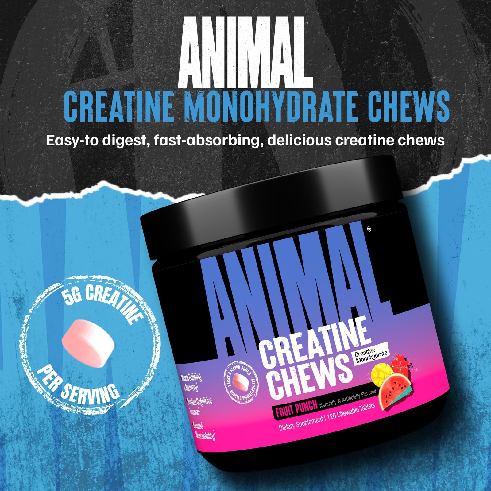 Animal Creatine Chews Tablets – Enhanced 120 Count (Pack of 1), Fruit Punch