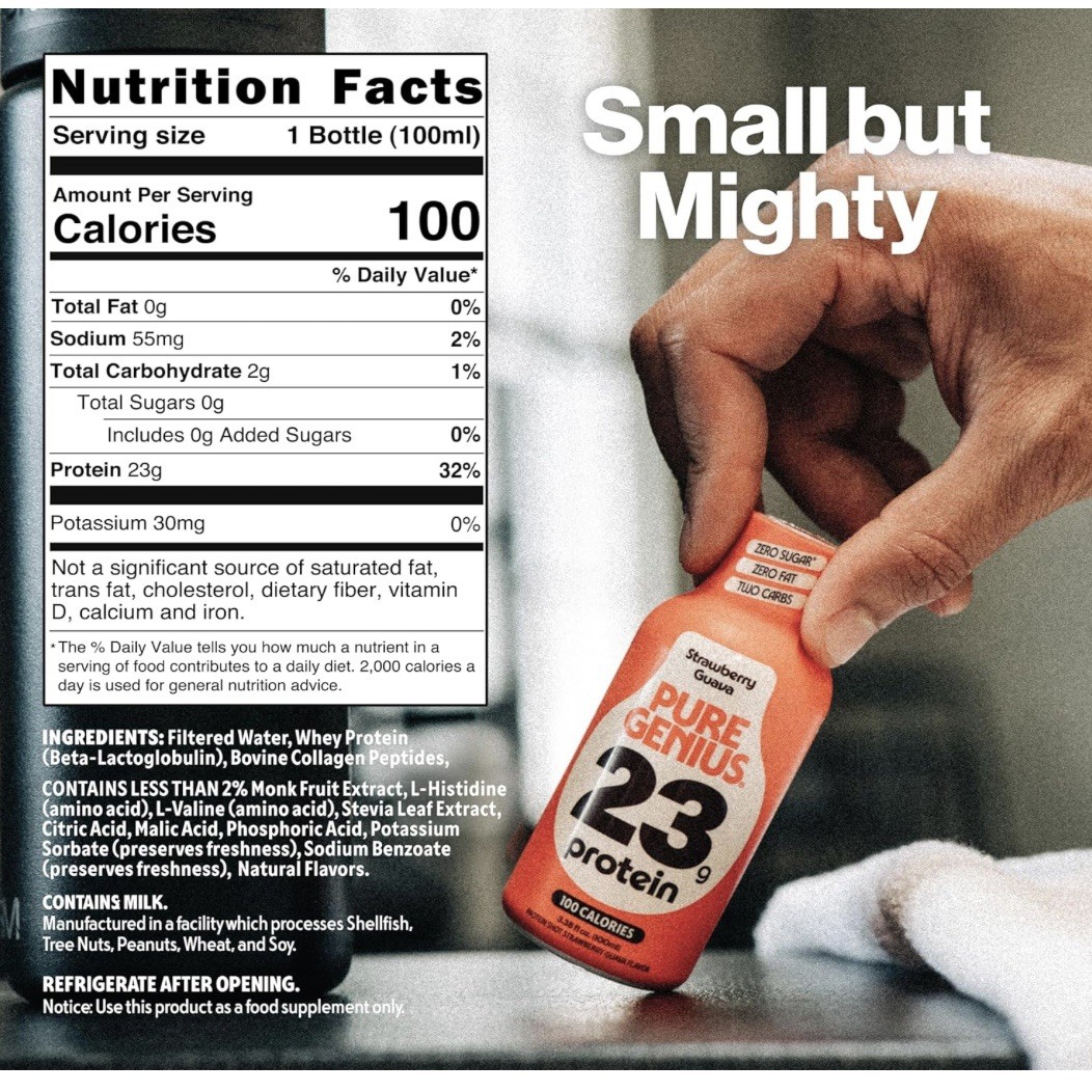 12 PACK Pure Genius Strawberry Guava Protein Shots 23g KETO Gluten & Sugar Free
