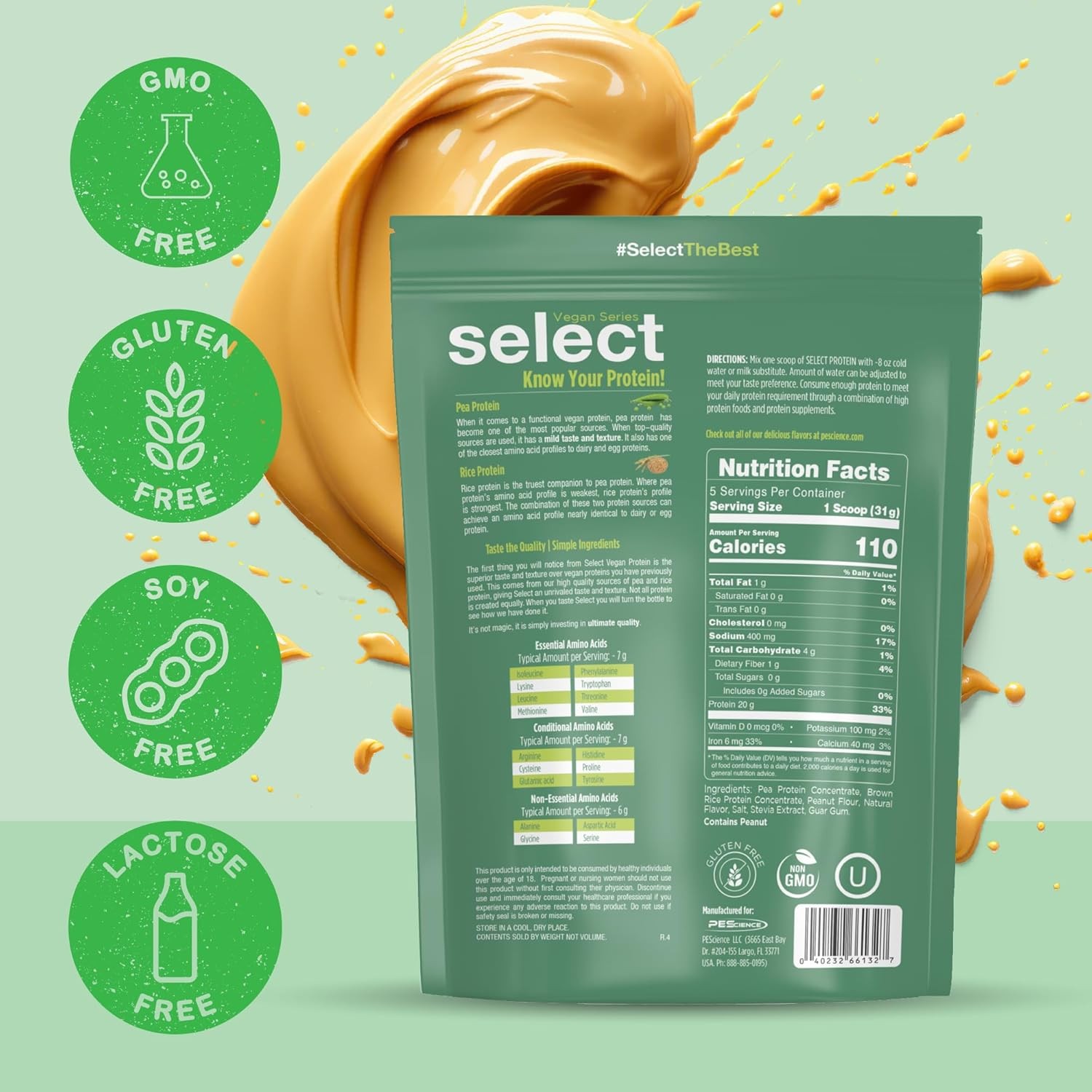 Plant-Based Vegan Protein Powder: Pea + Rice Protein Blend, Gluten/Dairy/Soy