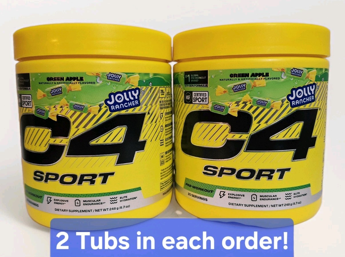 C4 Sport Pre-Workout, 2 Tubs, Jolly Rancher Green Apple, 20 Servings, 12/2027✨️
