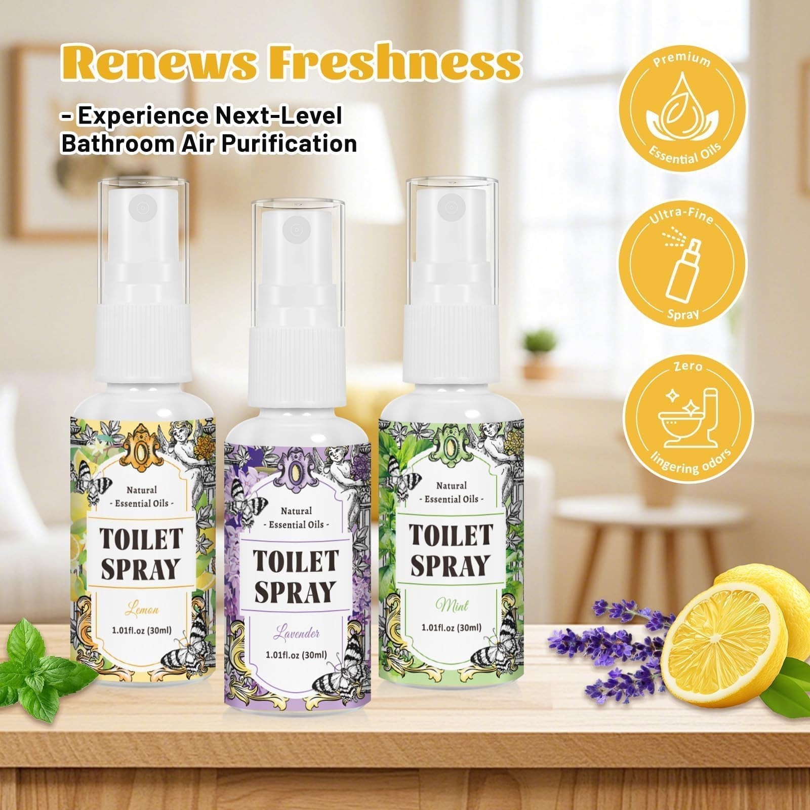 STRN Toilet Spray, 3-Pack Lemon, Mint & Lavender Natural Scent, Portable Inst…