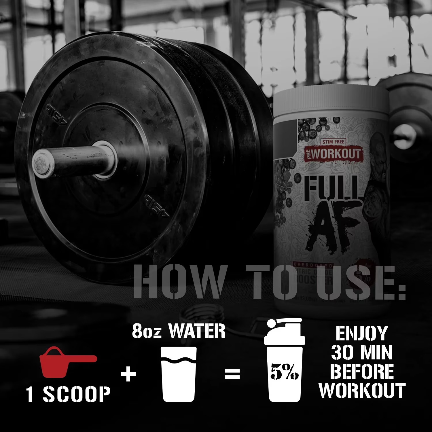 Full AF Pre-Workout Stim-Free Powder Supplement, Caffeine-Free Max Pumps, 20 Ser