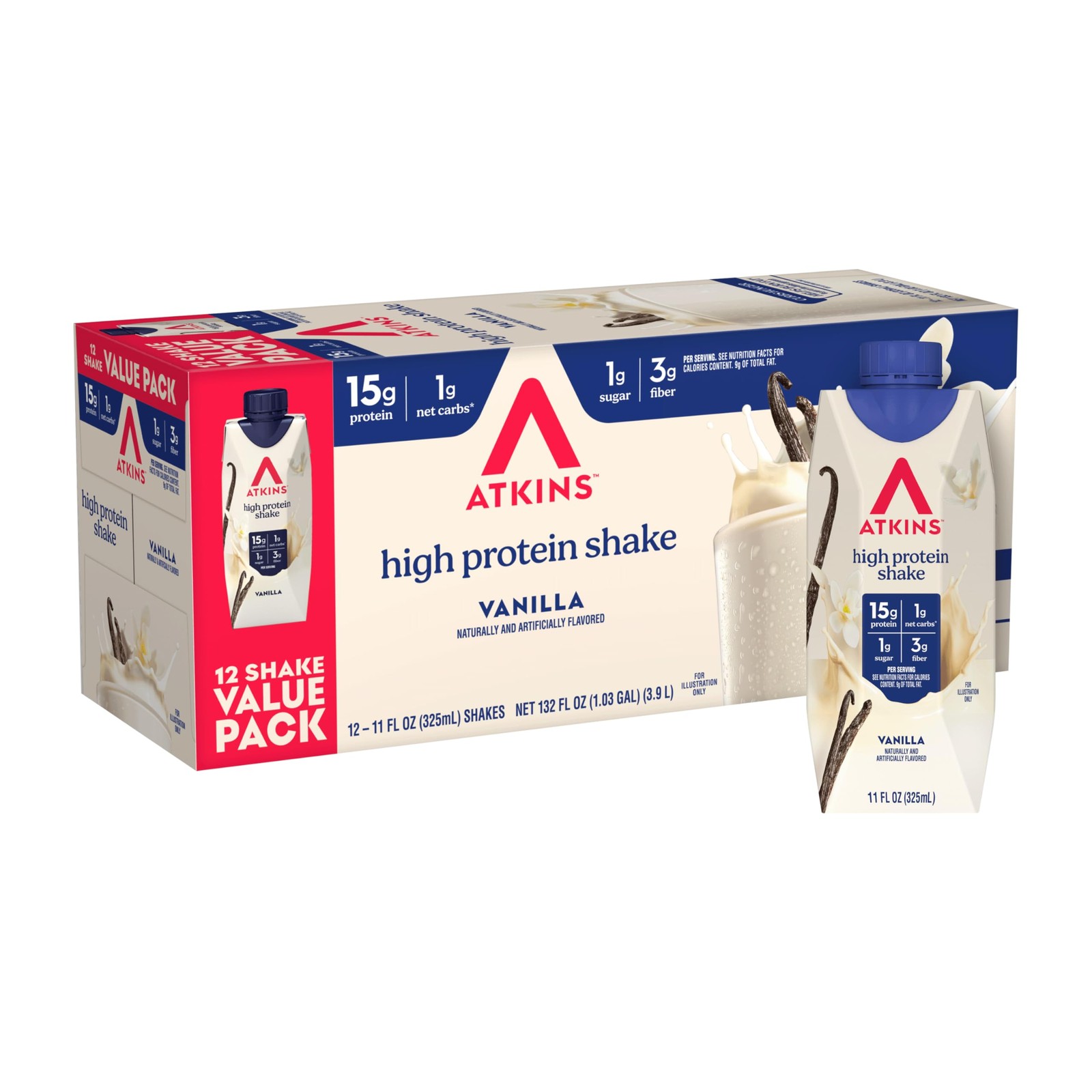 Atkins Vanilla High Protein Shake, 15g 11 Fl Oz (Pack of 12), Creamy