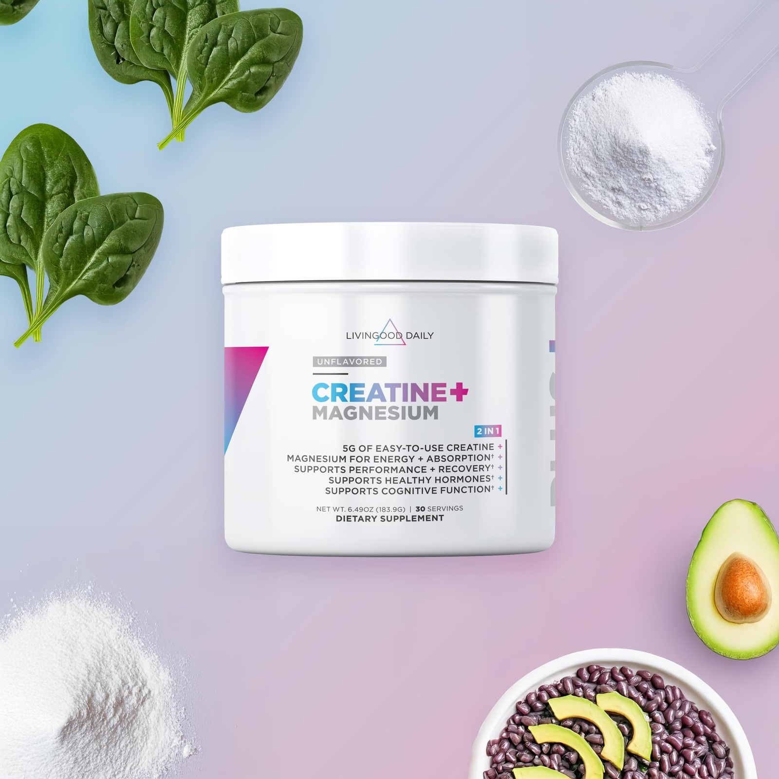 Livingood Daily Creatine + Magnesium Powder, Unflavored | 5g Micronized Creat…