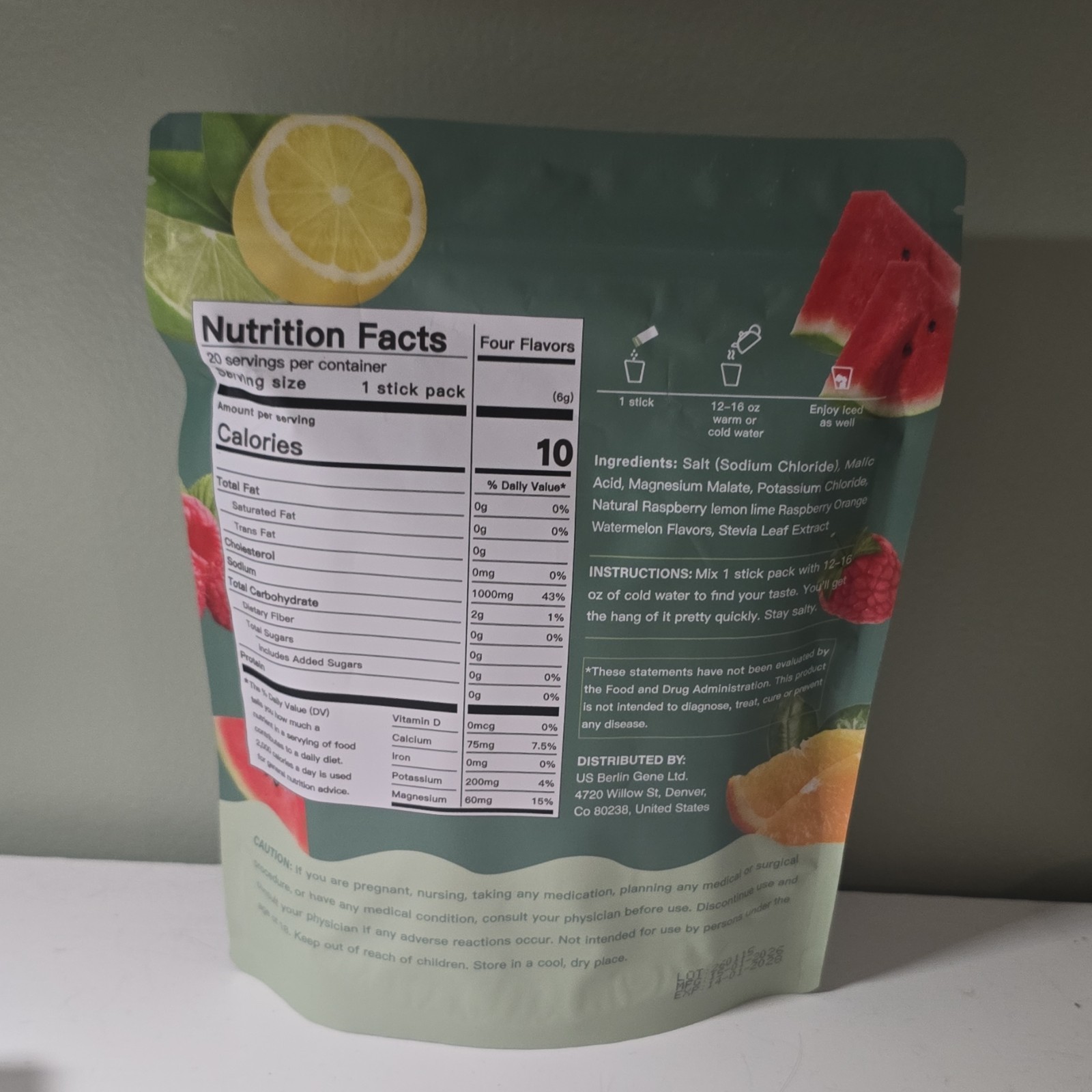 US Berlin Gene Electrolytes Drink Mix Powder 4 Flavors 20 Stickpacks Low Calorie