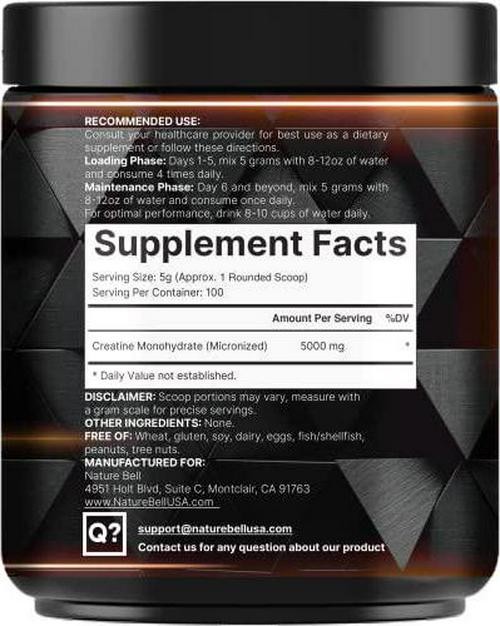 NatureBell Instant Creatine Monohydrate Powder 500 Grams, 5000mg Per Serving, –