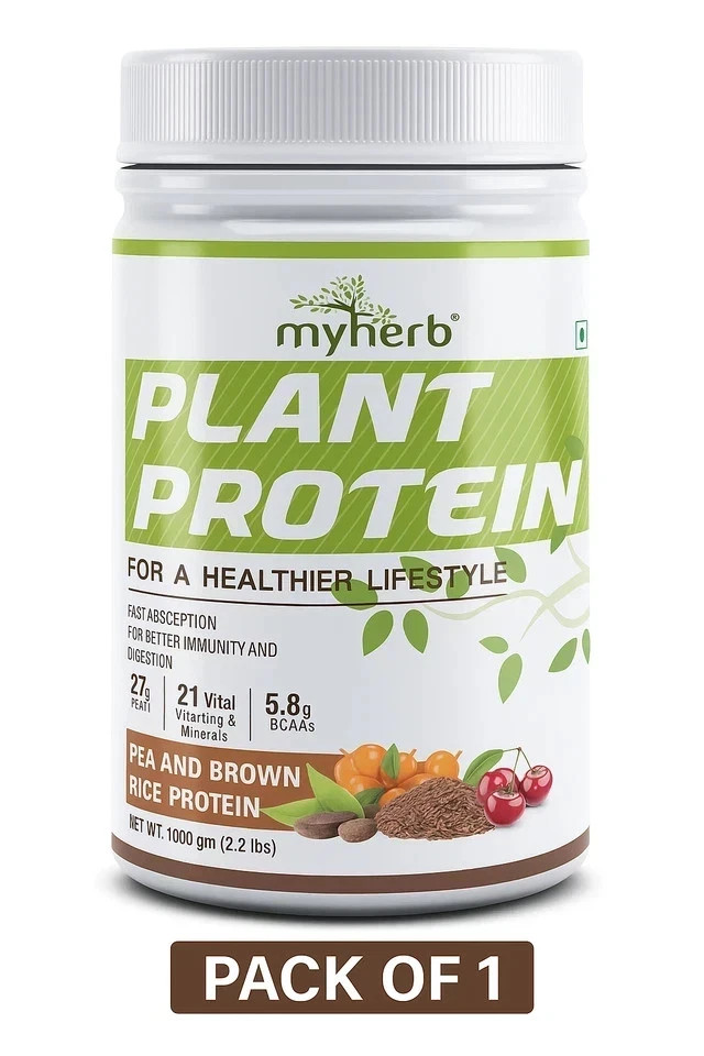 MYHERB Vegan Plant Protein – 27g Protein, 6g BCAAs, Sugar‑Free 1 kg – Pack of 1